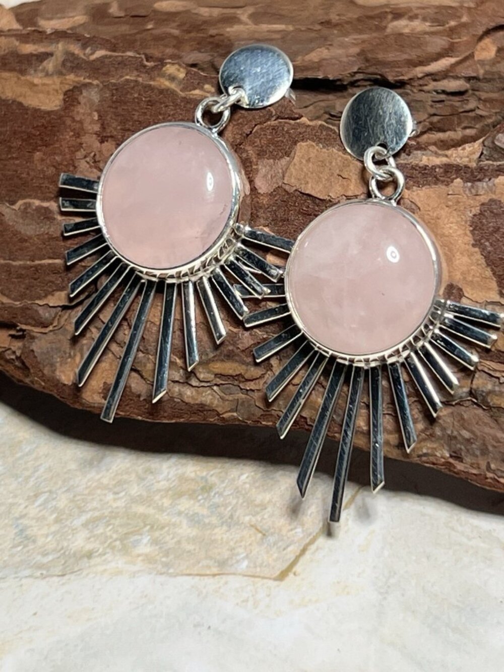 Rose Quartz Sunburst Drop Earrings, 925 Sterling Silver, Post Back